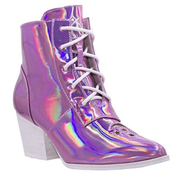 YRU Princess Aura pink rave hologram festival ankle booties - Picture 1 of 14